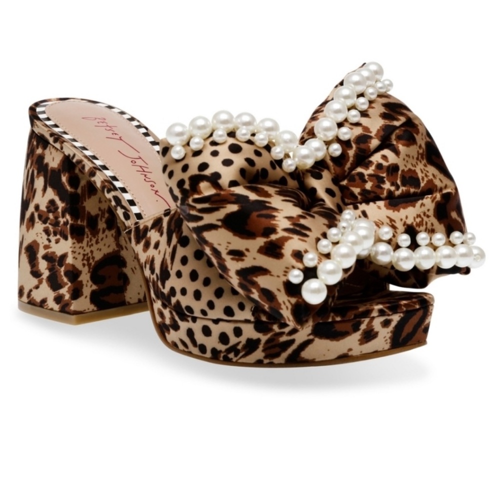 Betsey Johnson Leopard Print Pearl Bow Mules in Brown and Cream